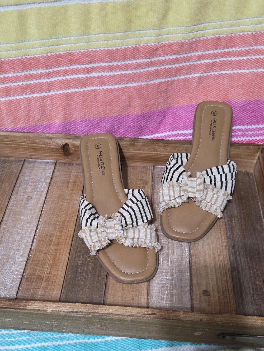 Falls Creek Tan Footbed Slip-On Sandals with Black & Cream Striped Bow
